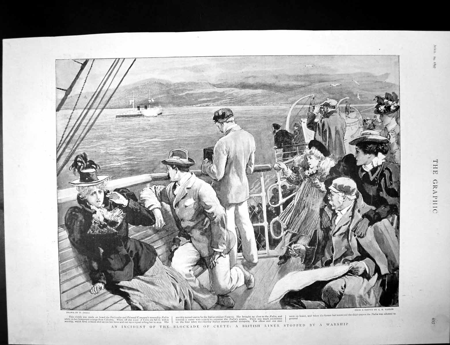 Antique Old Print Blockade Crete Liner Warship Independence Day Athens 1897