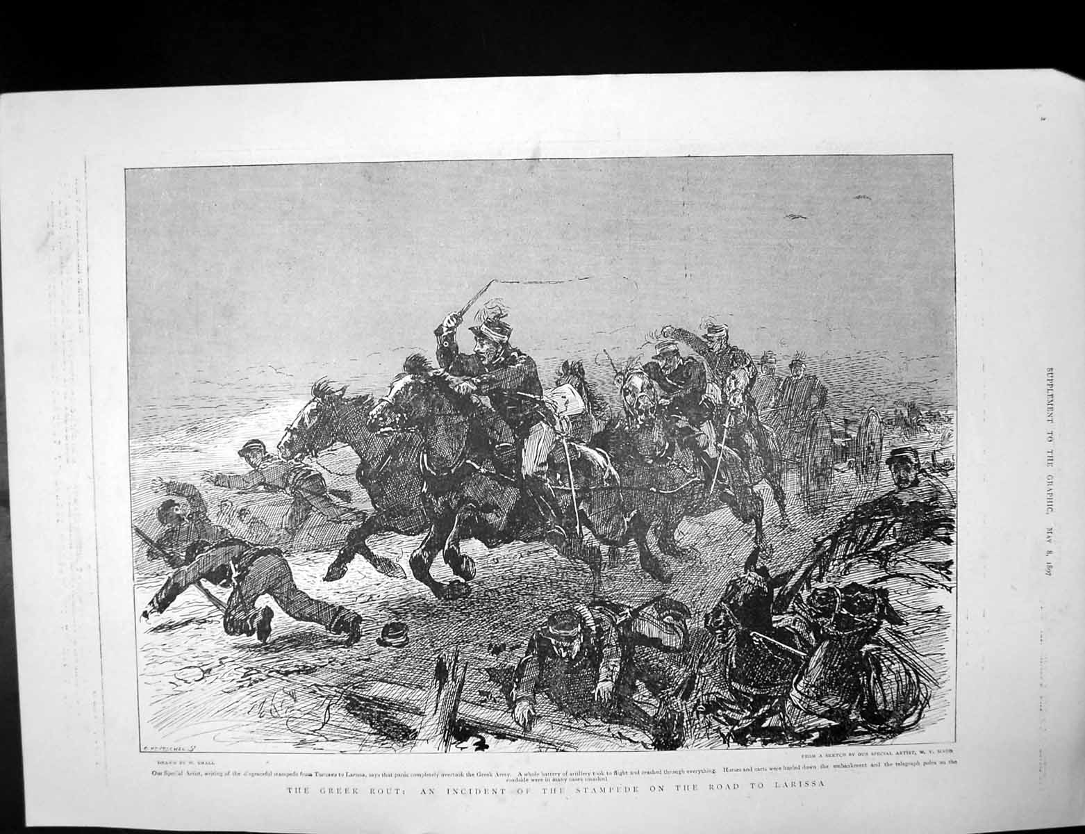 Antique Old Print Greek Rout Stampede Larissa Escape Gen Mavromichaelis 1897