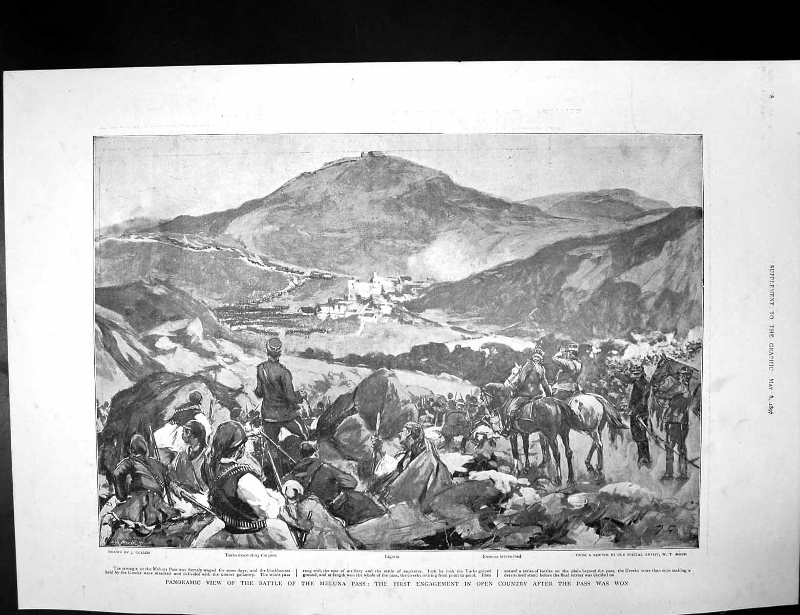 Old Antique Print Battle Meluna Pass Engagement Mati Greek Artillery 1897 19th