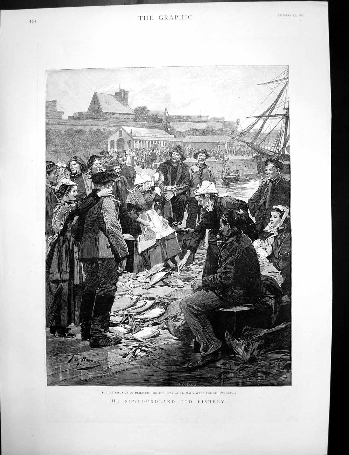 Antique Print Newfoundland Cod Fishery Salting Fishing Brig Dried Fish 1891