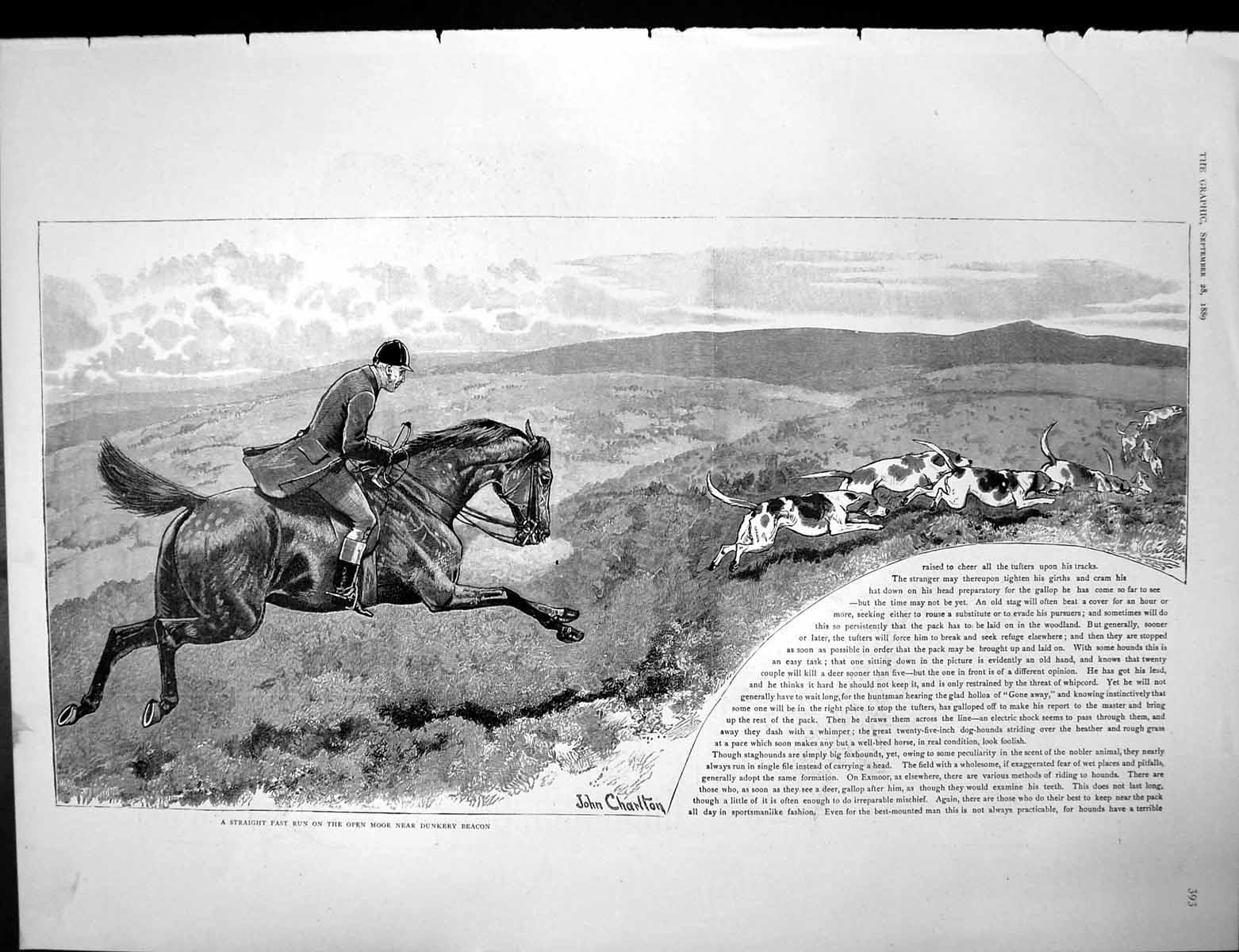 Original Old Antique Print Horse Dogs Moor Dunkery Beacon Capturing Stag 1889