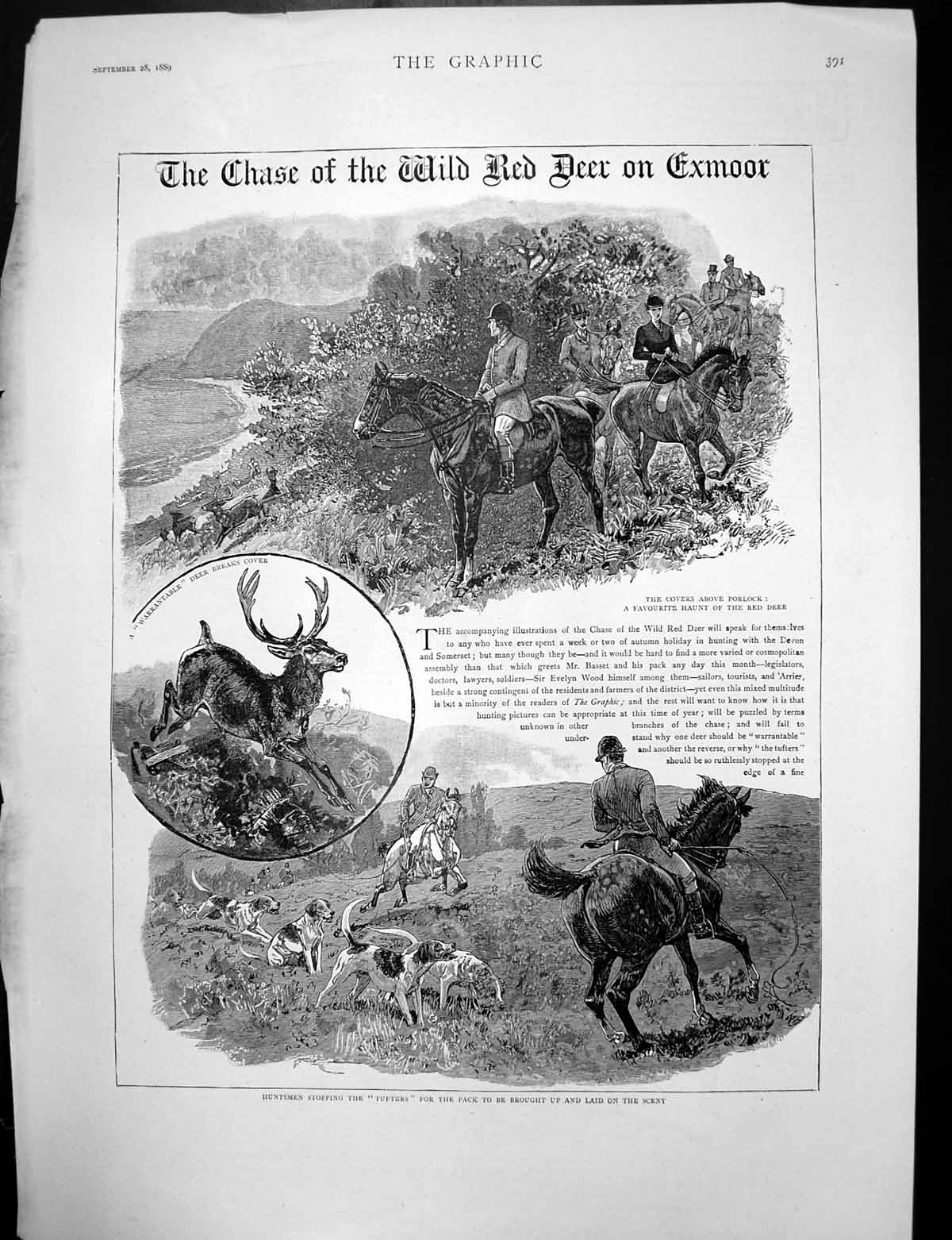 Old Antique Print Chase Wild Red Deer Exmoor Horses Dogs Stag Stream 1889 19th