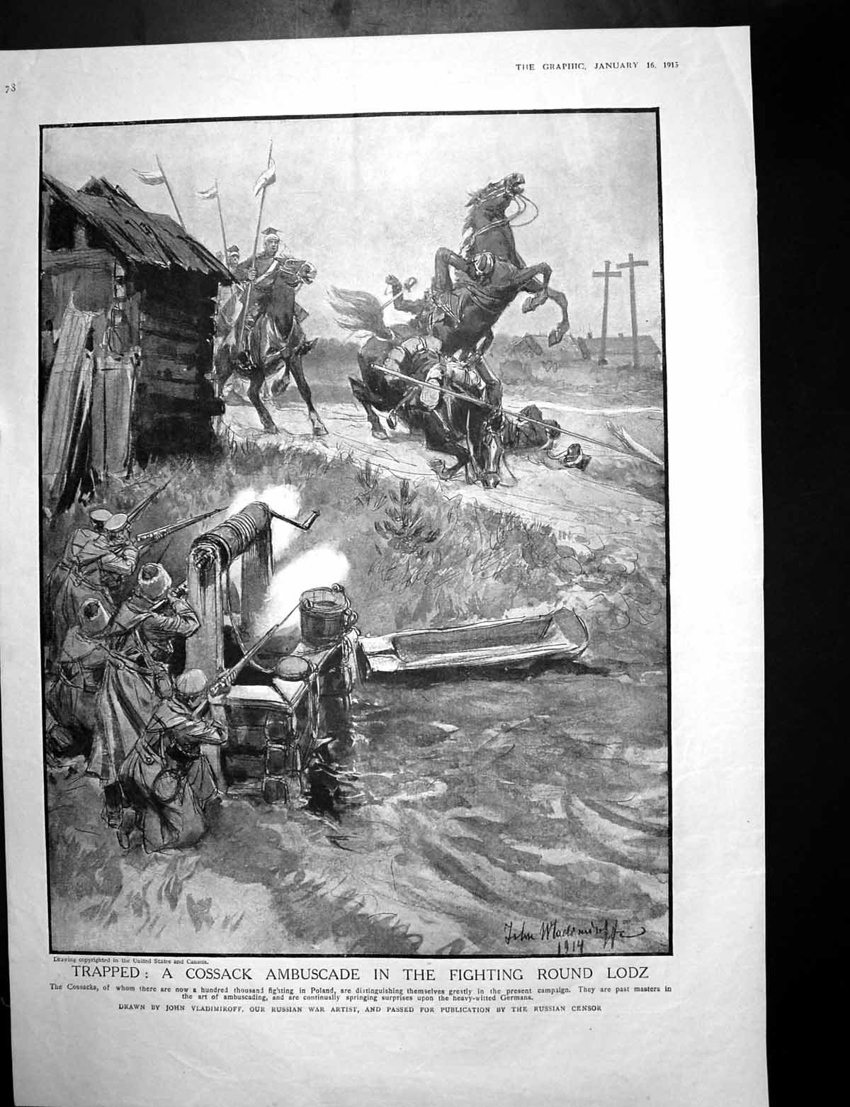 Antique Old Print Cossack Ambuscade Fighting Lodz Refugee Problem Poland 1915