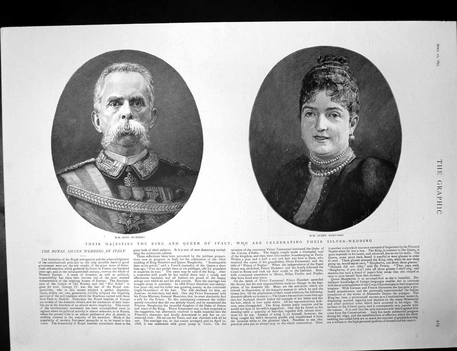 Old Antique Print King Queen Italy Silver Wedding Duchess Sutherland 1893 19th
