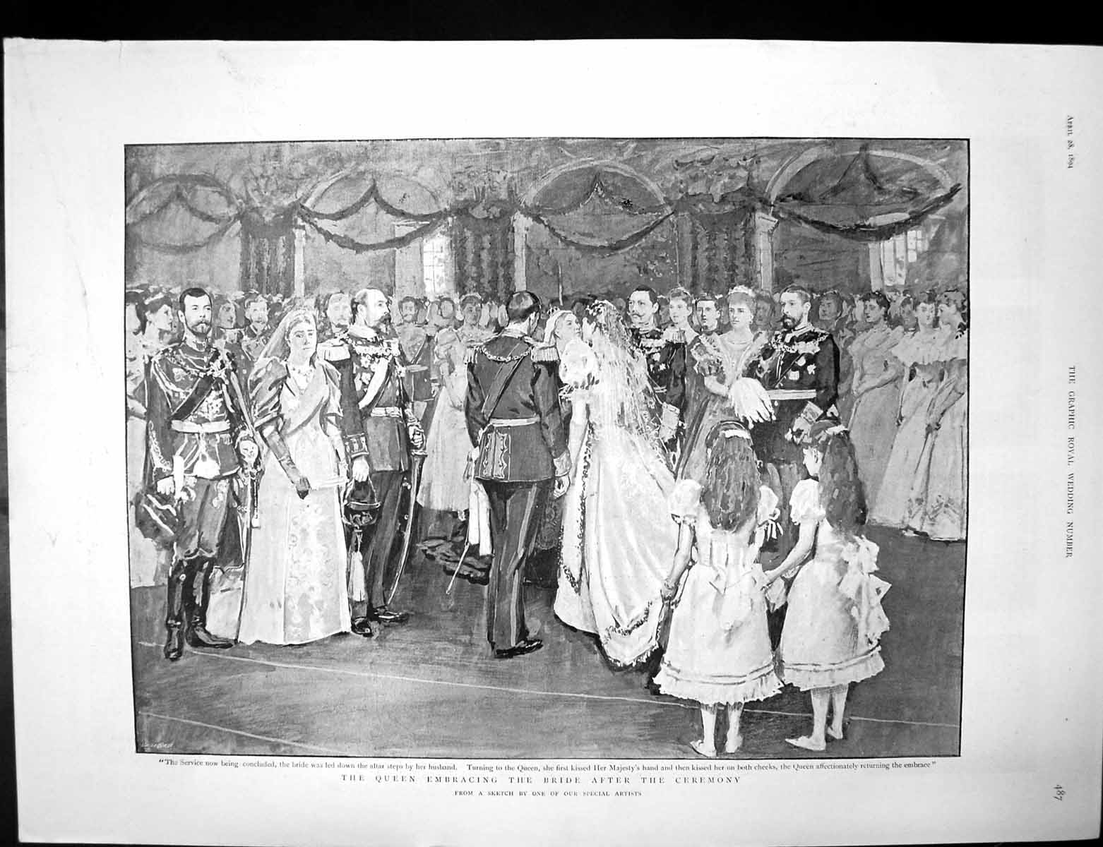 Antique Old Print Queen Embracing Bride Coburg Fortress Courtyard Arms 1894