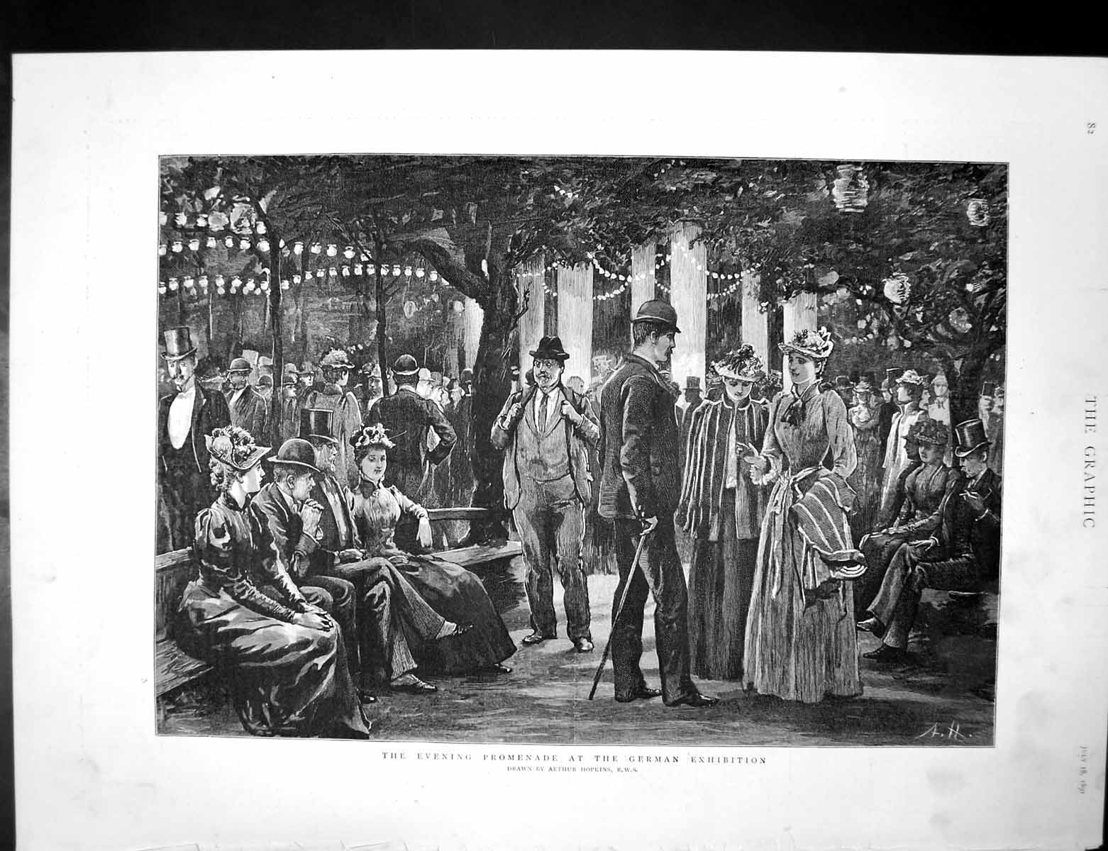 Antique Old Print Evening Promenade German Exhibition Imperial GCasket 1891