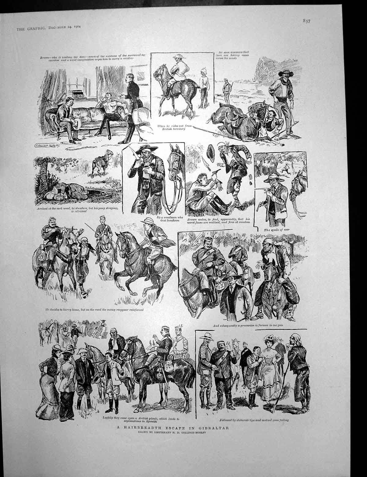 Old Print Hairbreadth Escape Gibraltar King Spain Duke Bivona Camel 1904 20th