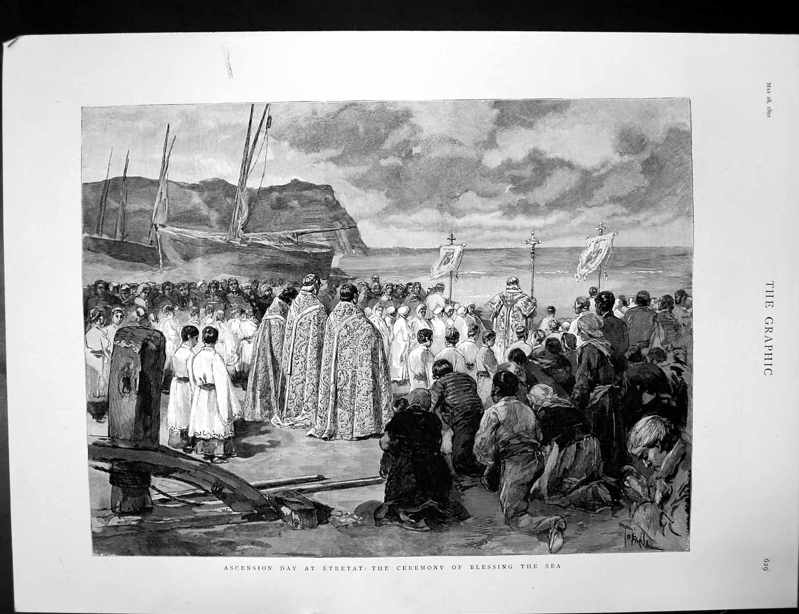 Old Antique Print Ascention Day Etretat Blessing Sea That Wild Wheel 1892 19th