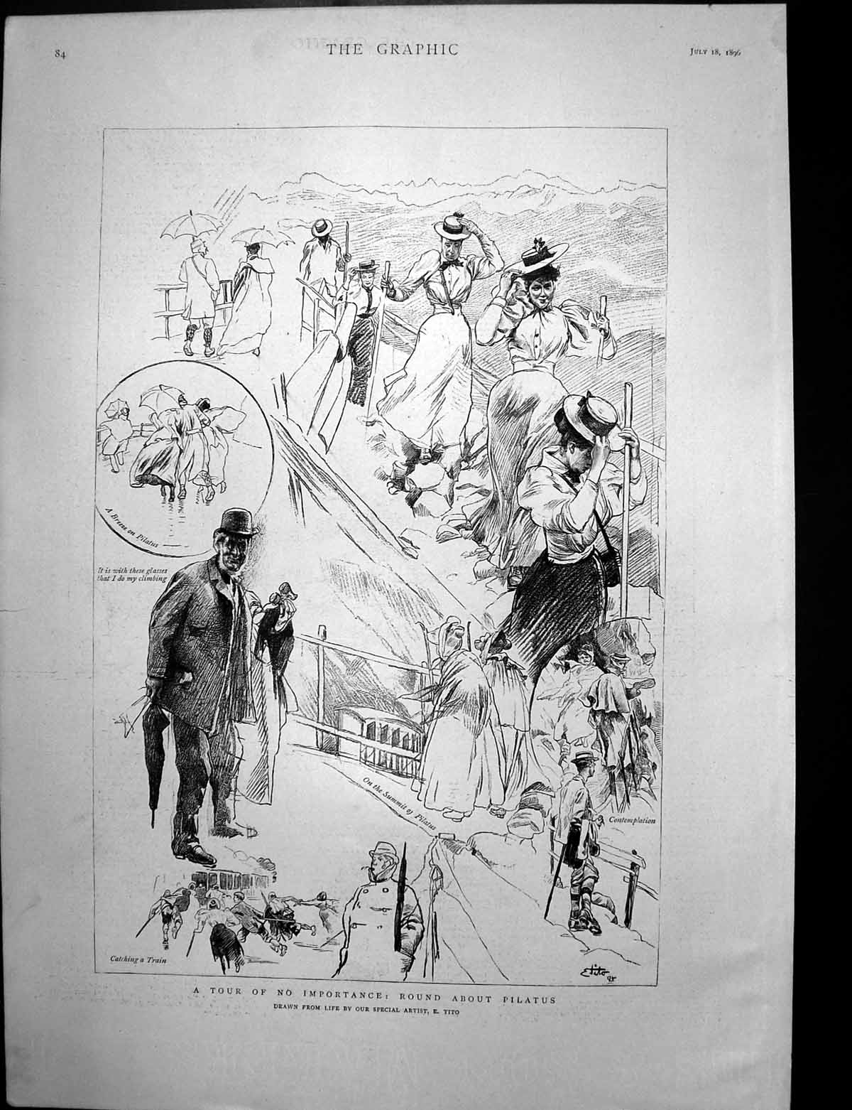 Antique Old Print Sketches Pilatus Siers Fishing Nile Salmon Wady Halfa 1896