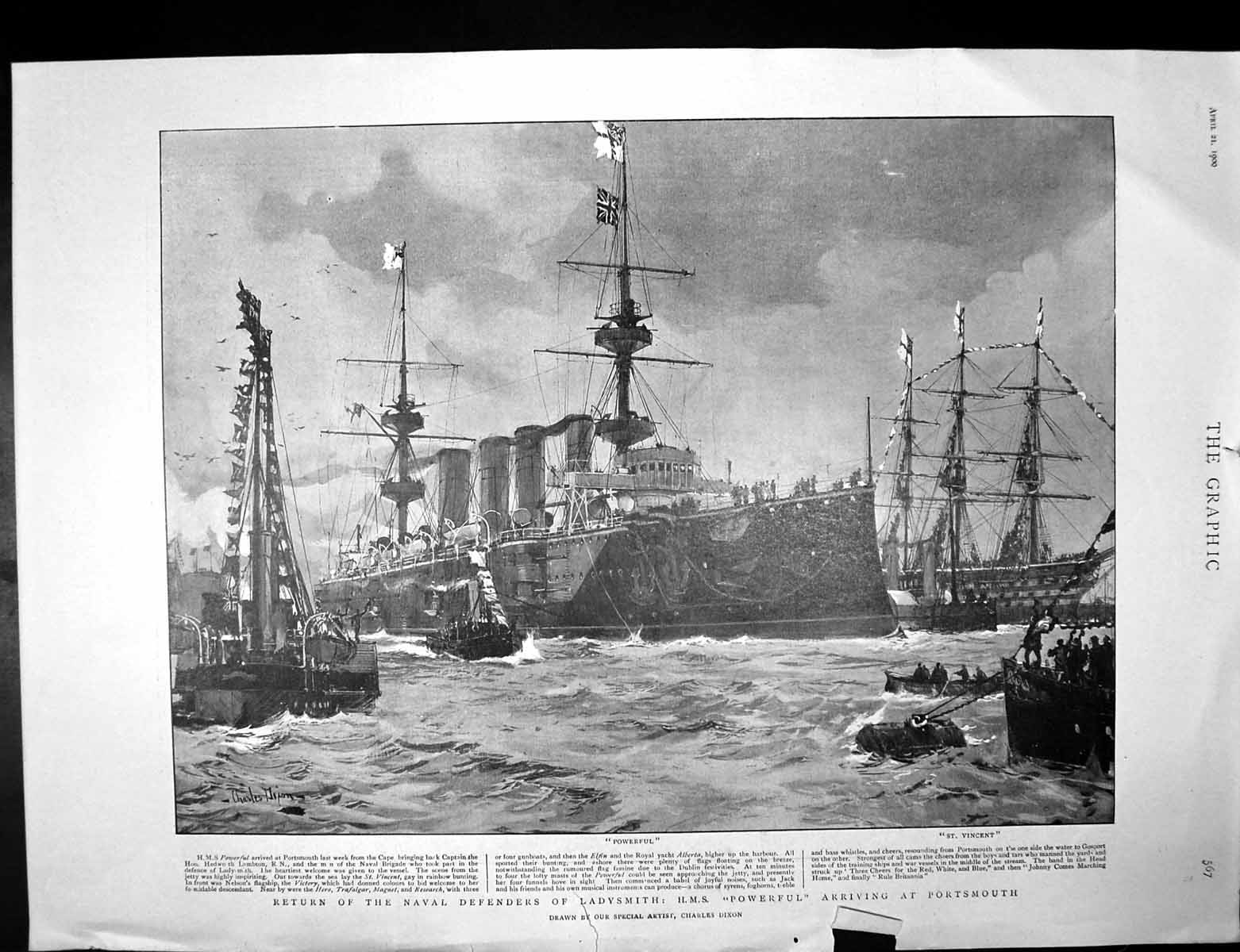Antique Old Print Hms Powerful Portsmouth Naval Review Kingstown Queen 1900