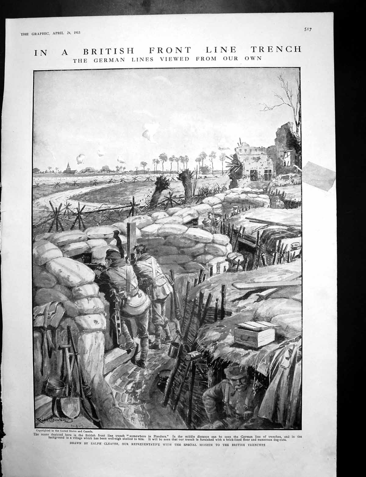 Antique Old Print British Front Line Trench Zeppelin Crater Bomb Maldon 1915