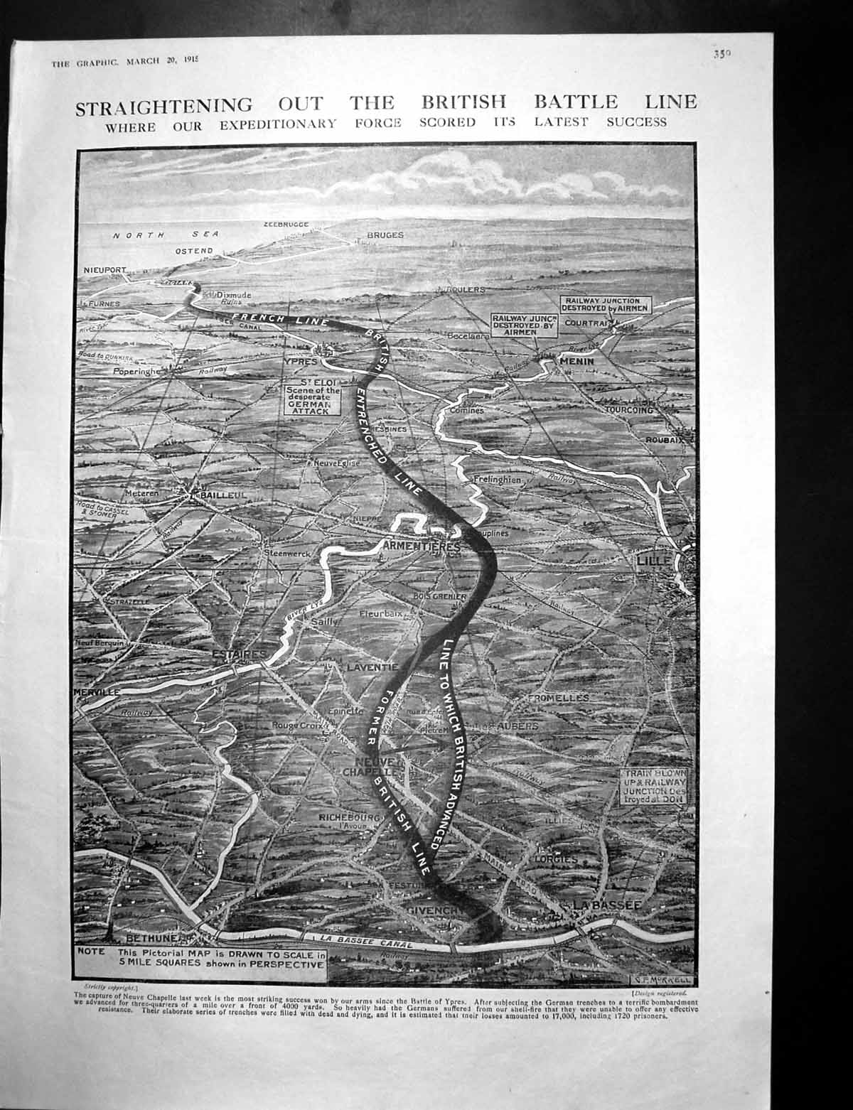 Antique Old Print Map British Battle Success Sinking German Submarine U8 1915
