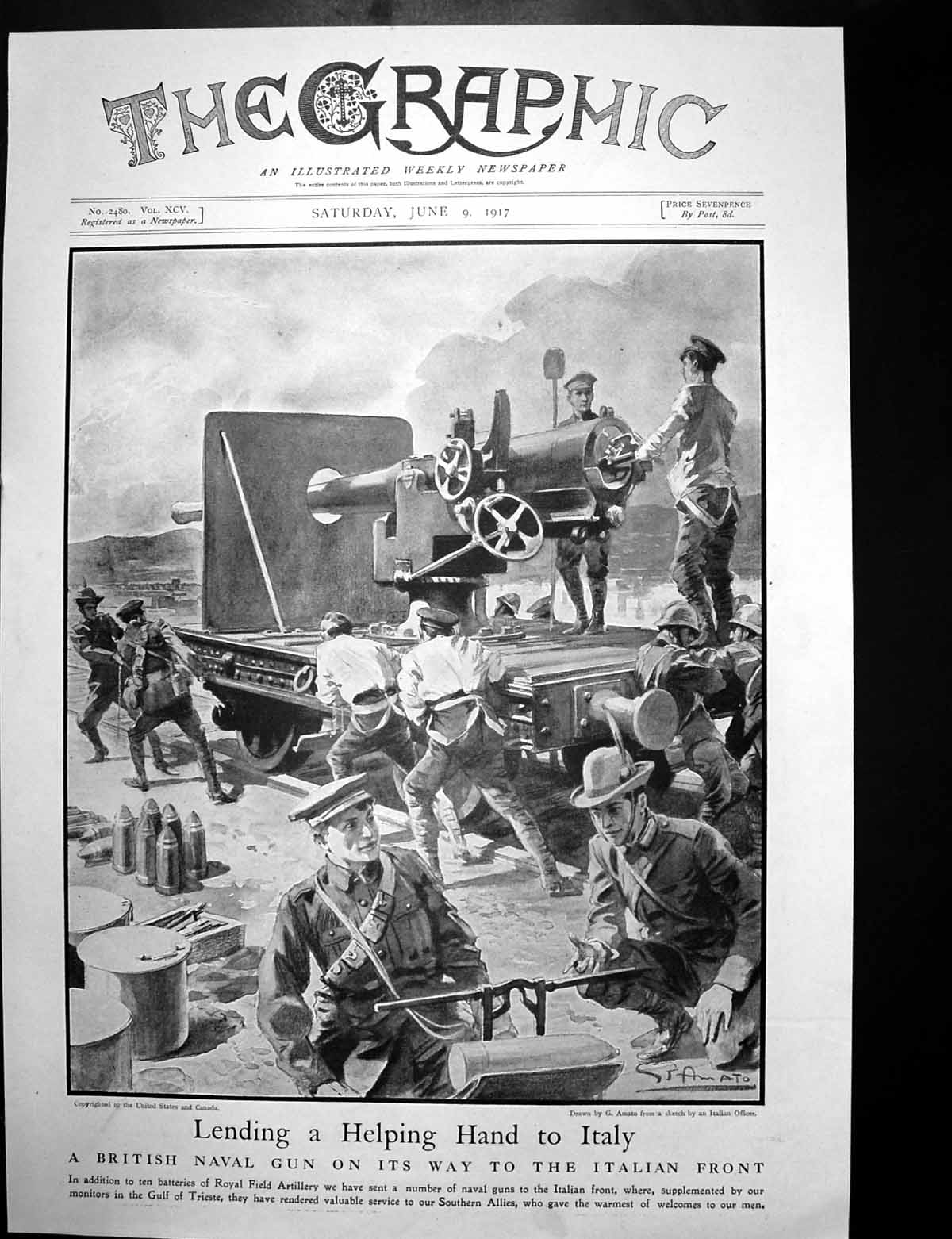 Antique Print British Naval Gun Sent Italy Destroying Virgin Montauban 1917