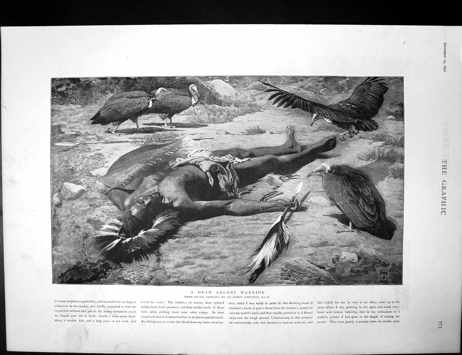 Antique Old Print Dead Angoni Warrior Harry Johnston Yao Atonga Native 1895
