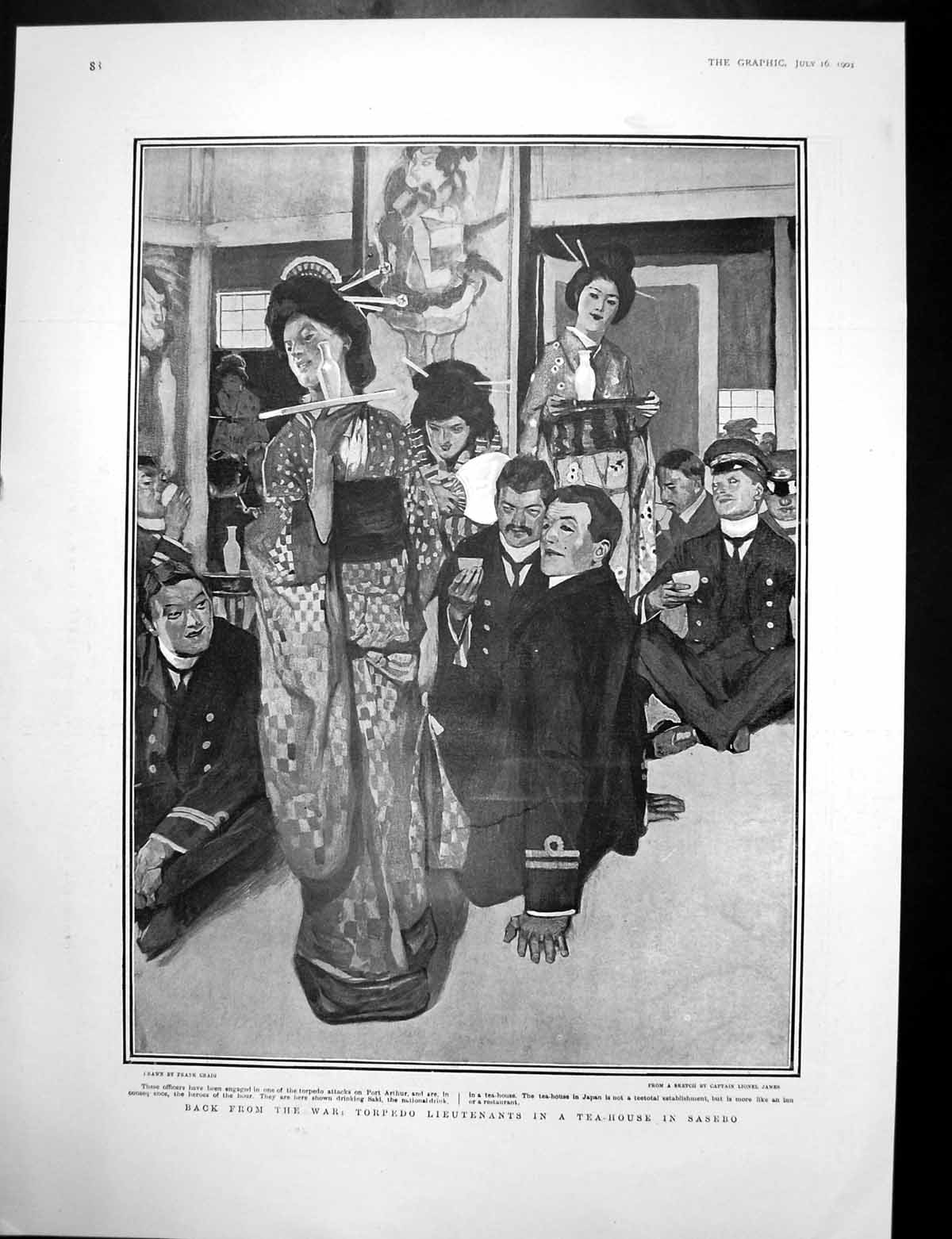 Antique Old Print Torpedo Lieutenants Tea House Sasebo Rifle Meet Bisley 1904