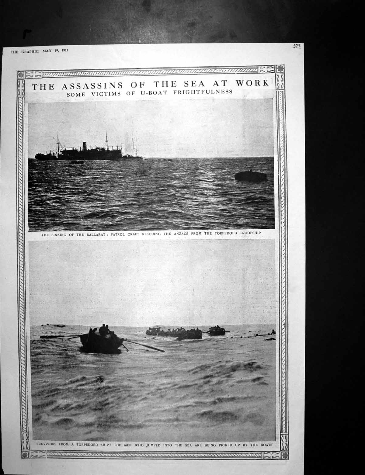 Antique Print Sinking Ballarat Rescuing Anzacs Torpedoed Ships Seaplane1917