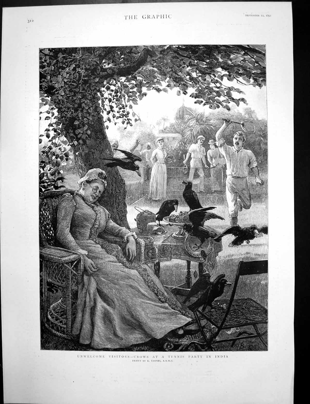 Old Print London Out Season St Giles St James Crows Tennisparty India1891 19th