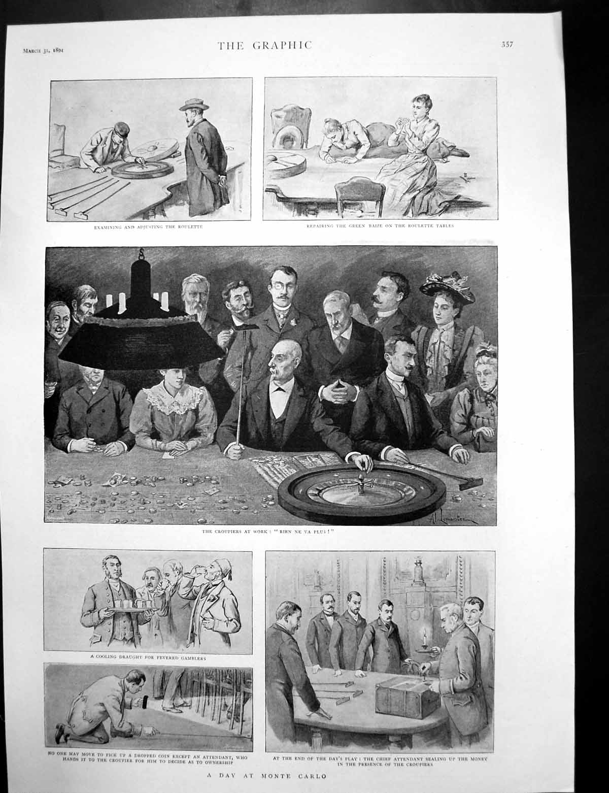 Old Antique Print Day Monte Carlo Croupiers Kossuth Riots Budapesth 1894 19th