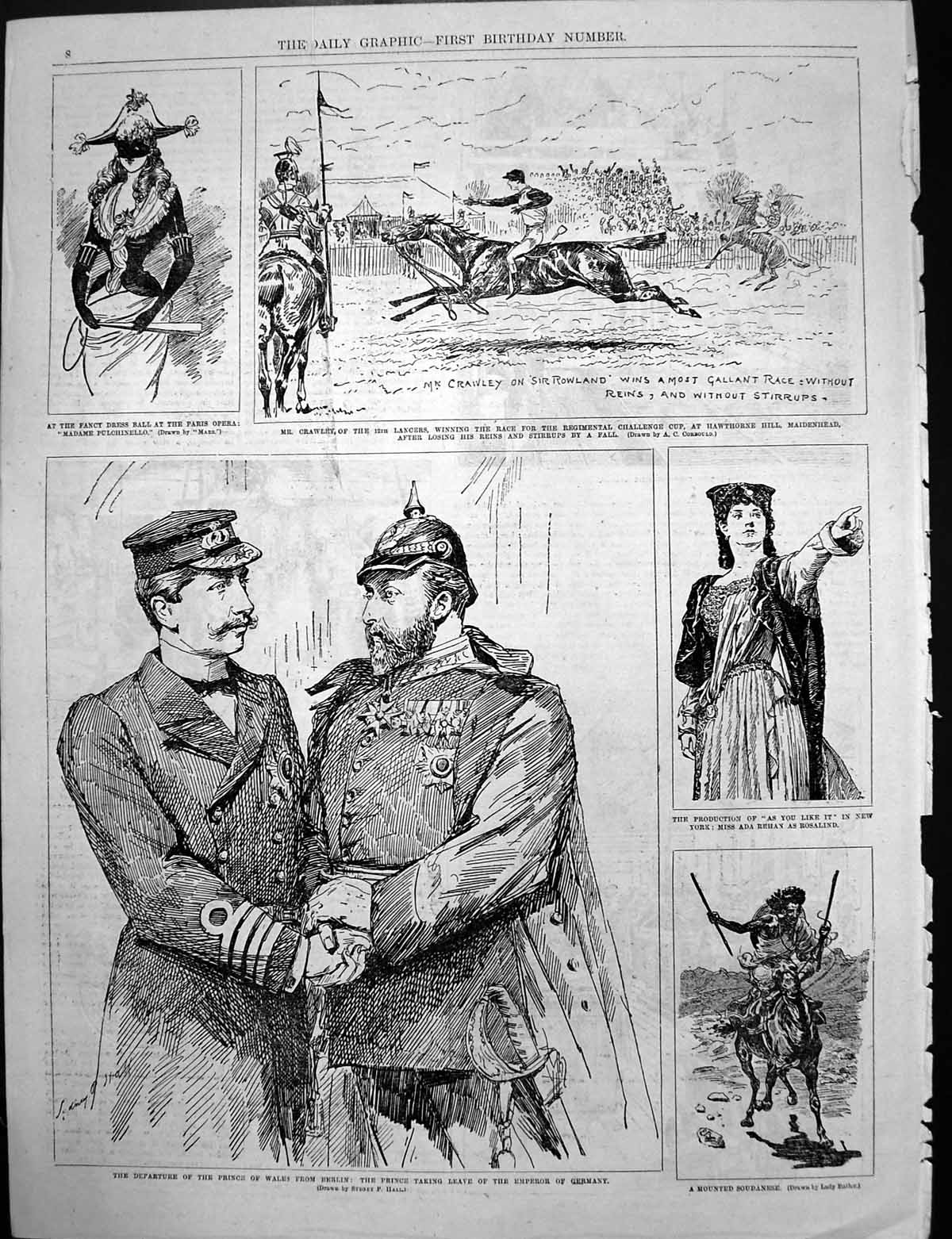 Antique Old Print Prince Wales Berlin German Emperor Mounted Soudanese C1890