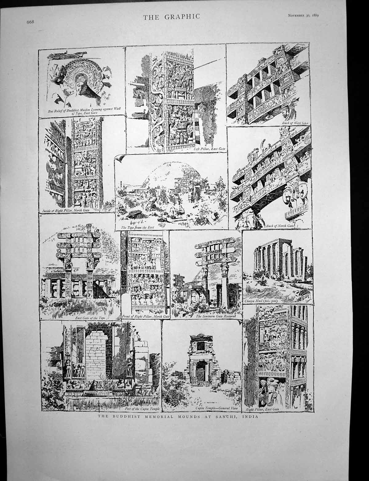 Antique Print Buddhist Memorial Mounds Sanchi India Judge Bristowe Qc 1889 19th