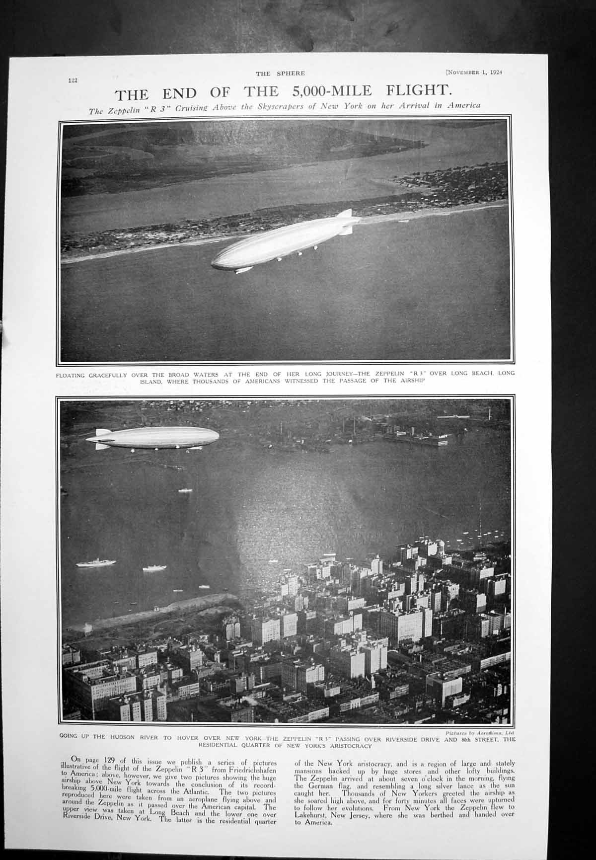 Antique Old Print Zeppelin R3 Arrives Over Long Beach New York Baseball 1924