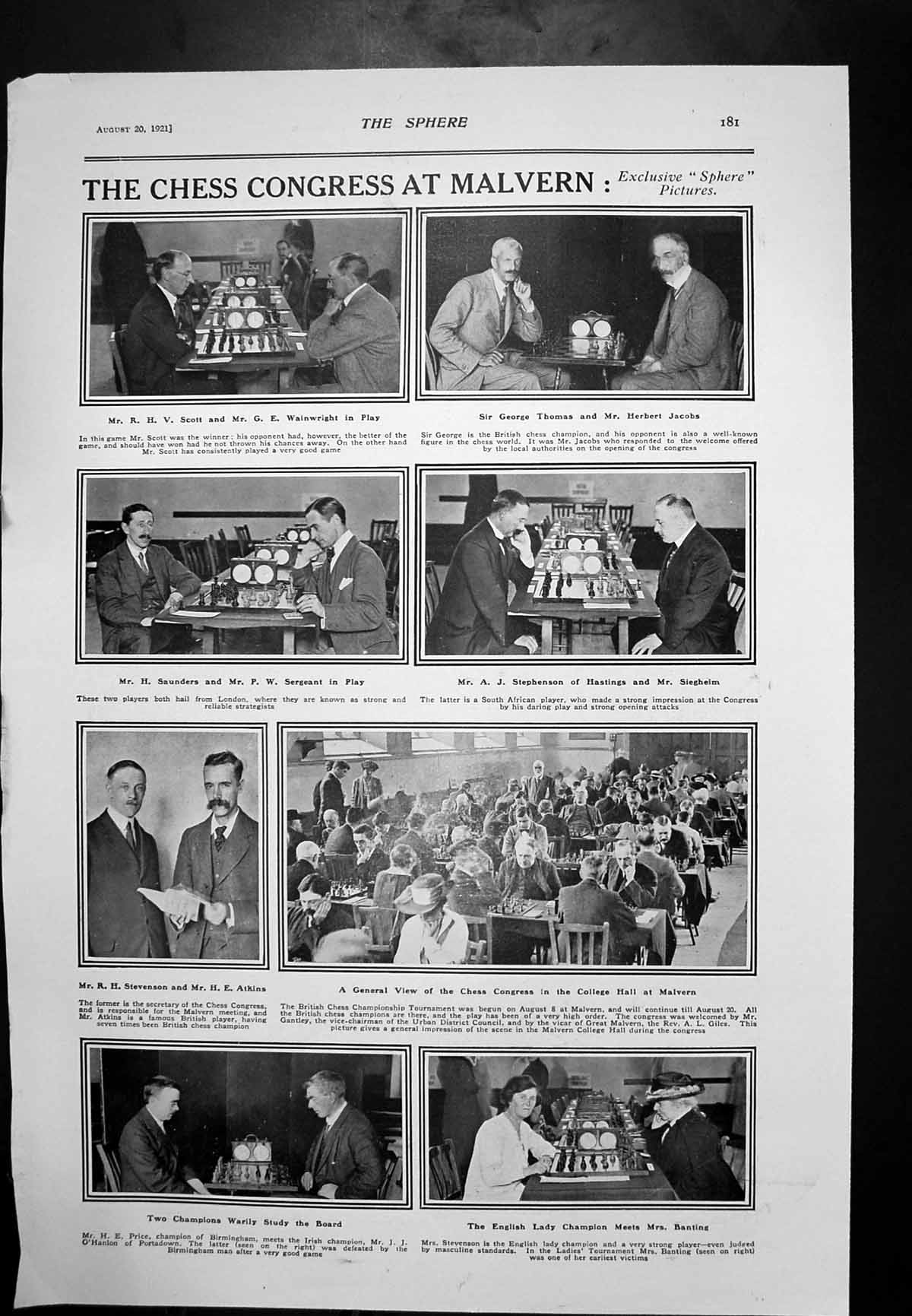 Antique Old Print Chess Congress Malvern Men Ladies Lawn Tennis Queen'S 1921