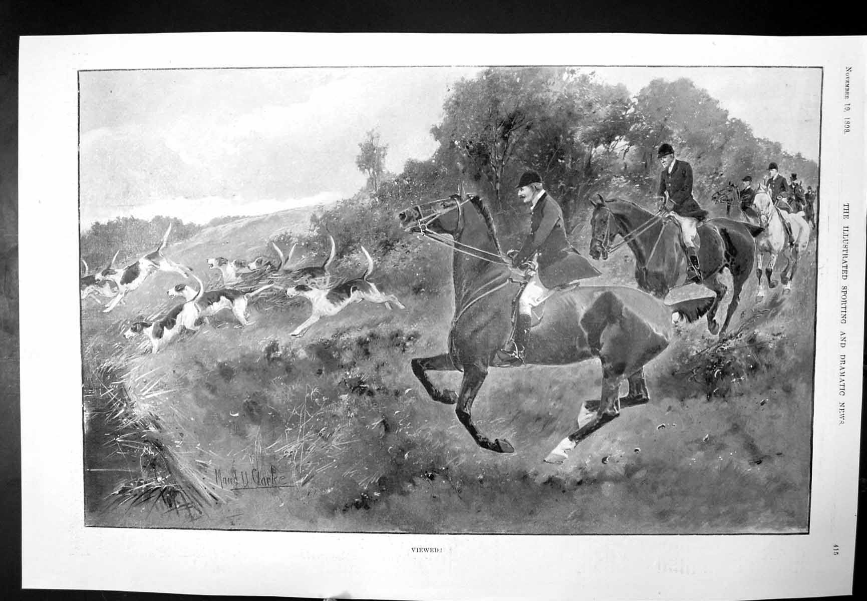 Antique Old Print Viewed! Hounds Chasing Horses Following Lady M Loder 1898