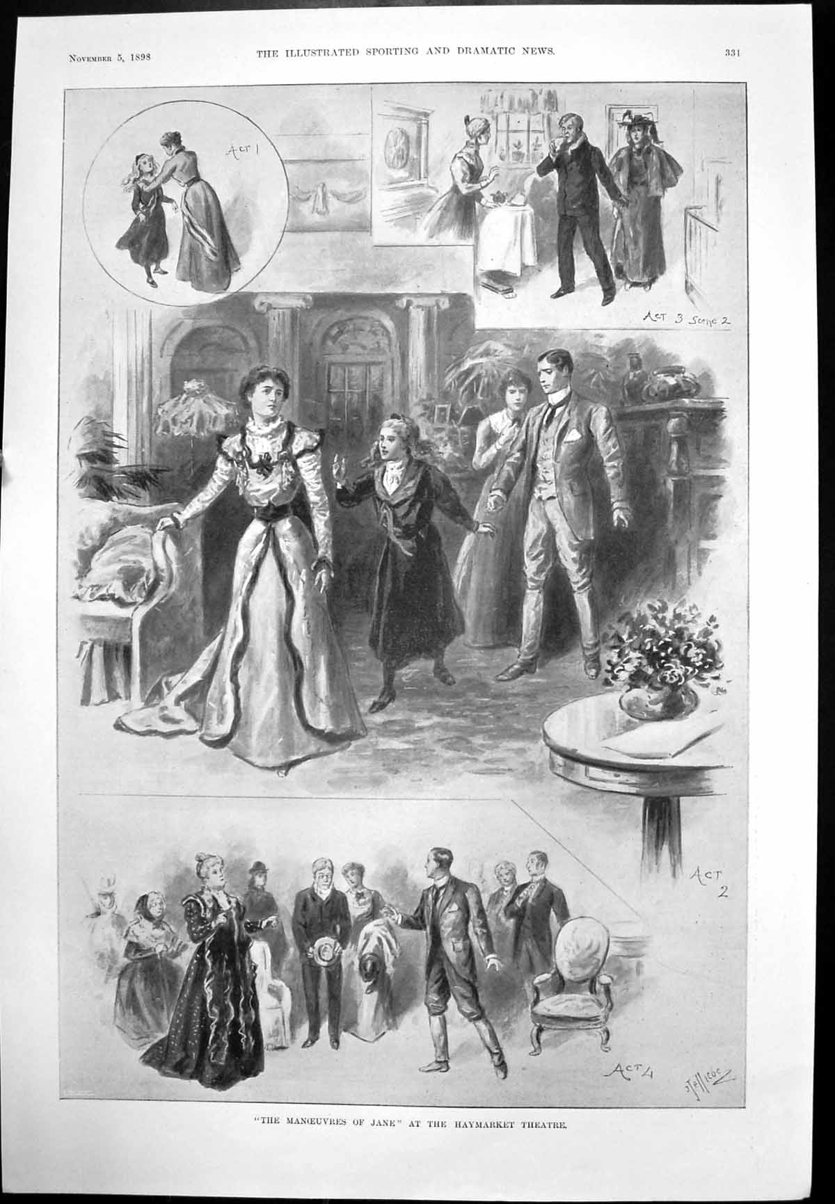 Antique Old Print Manoeuvres Jane Haymarket Miss Helen Faucit As Pauline 1898