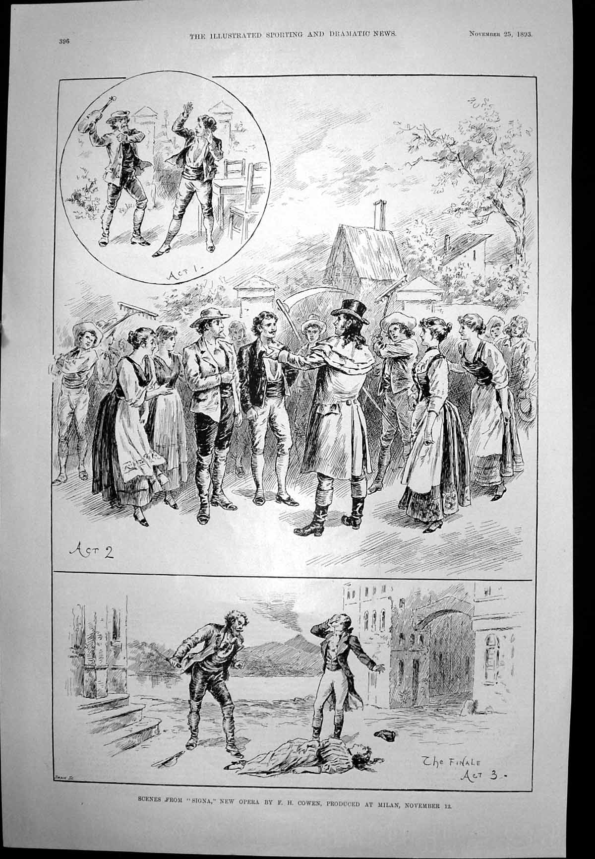 Antique Old Print Signa New Opera Men Ladies Street Scene H.M.S. Revenge 1893