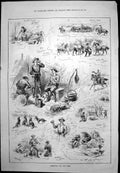 Old Print Christmas Day Out West Campfire Ponies Caricatures Theatre 1886 19th