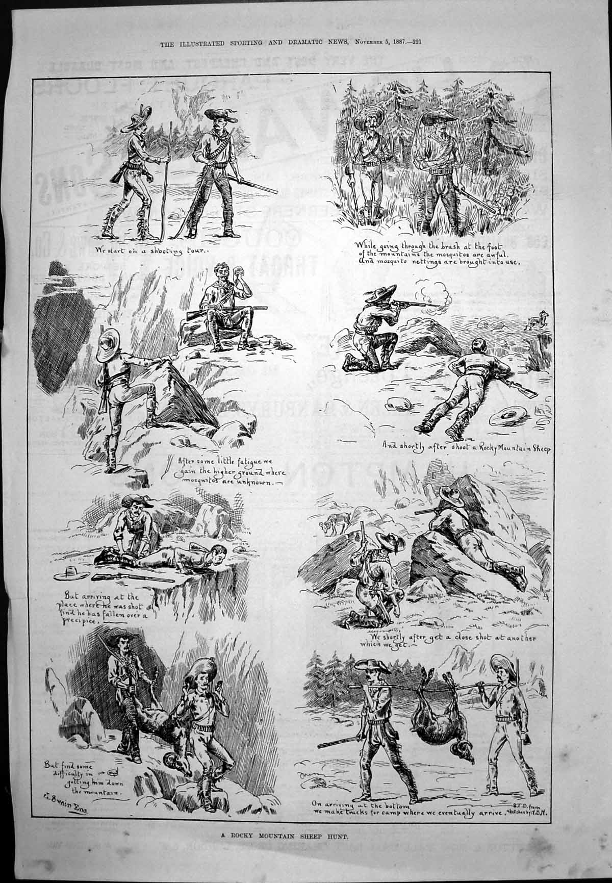 Antique Old Print Rocky Mountain Sheep Hunt Caricatures Theatre Monkey 1887