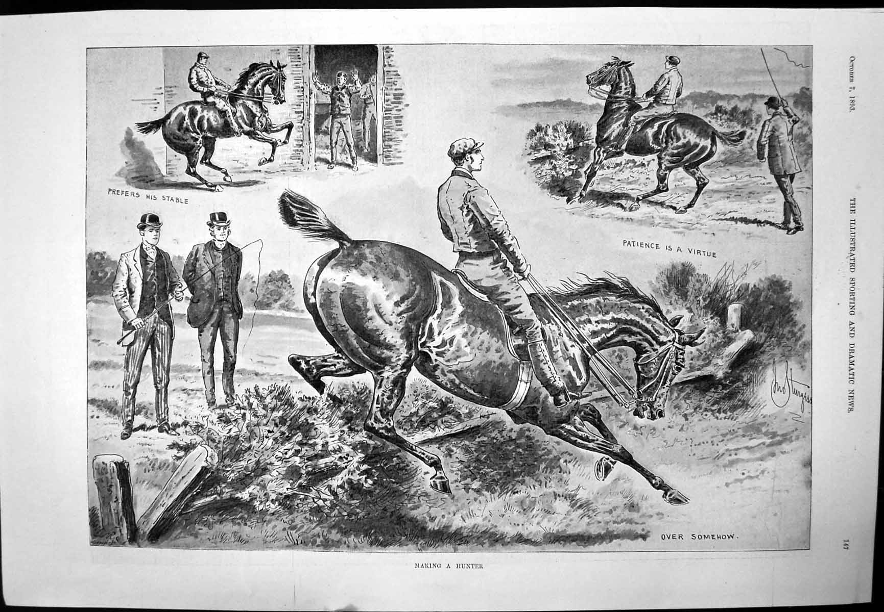 Antique Old Print Making A Hunter Horse Rider Scandinavian Salmon Haunts 1893