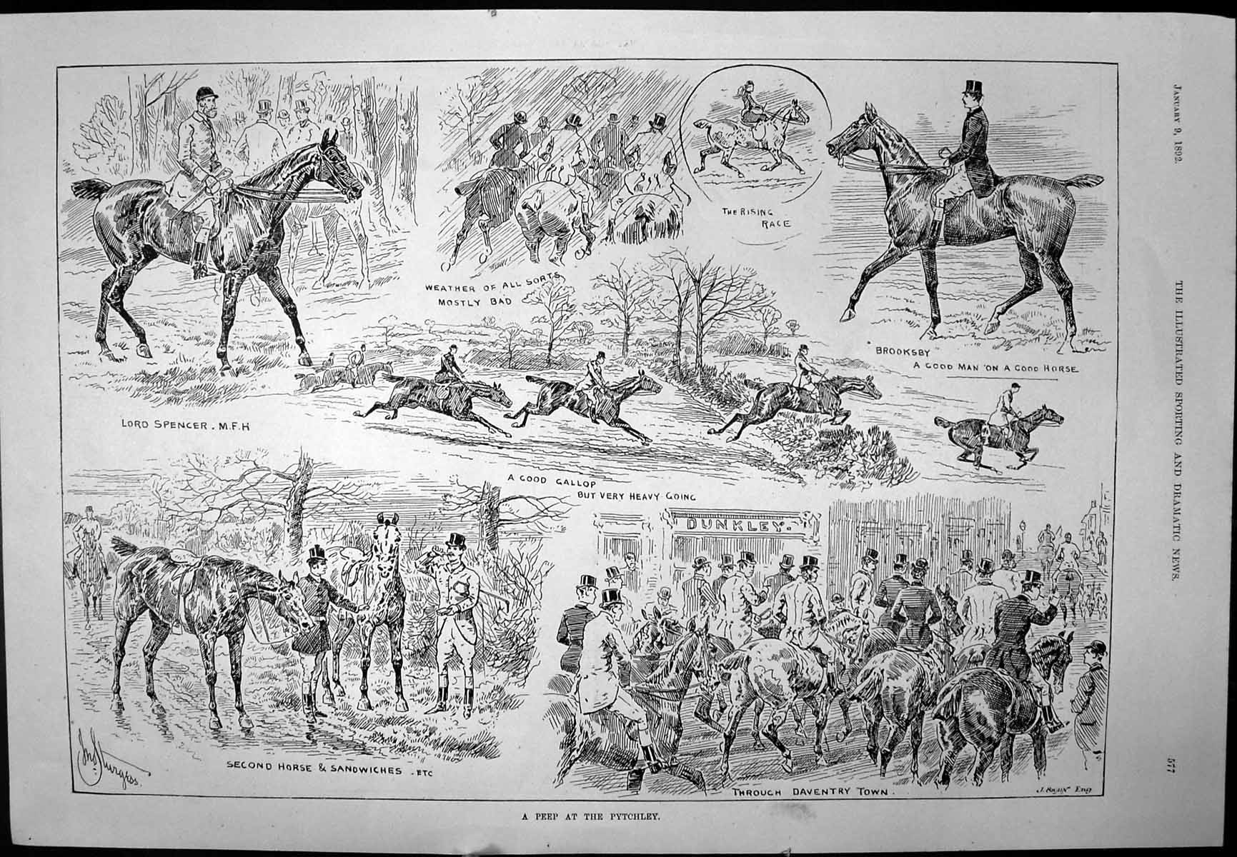 Antique Old Print Pytchley Horse Meet Through Daventry Derby Melbourne 1892