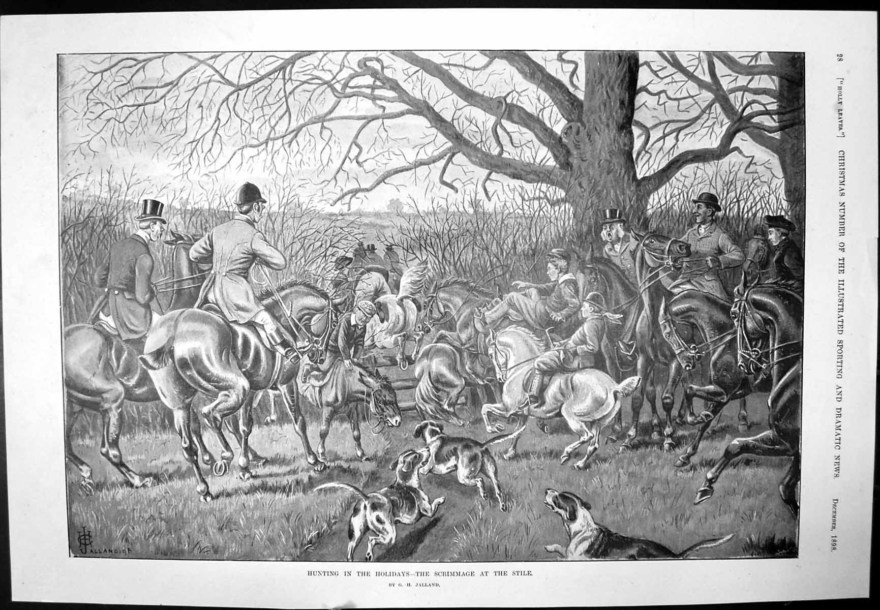 Old Print Hunting In Holidays Scrimmage Stile Postal Delivery Horses 1898 19th