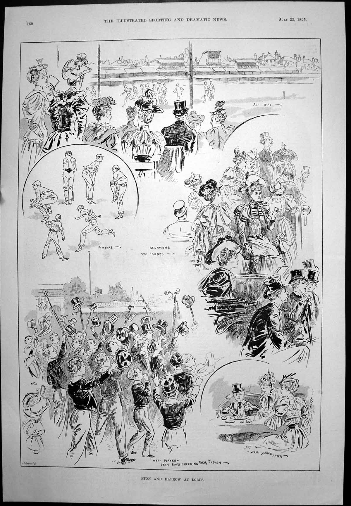 Antique Print Eton And Harrow At Lords Cricket Cheering On Lunch Time 1893 19th