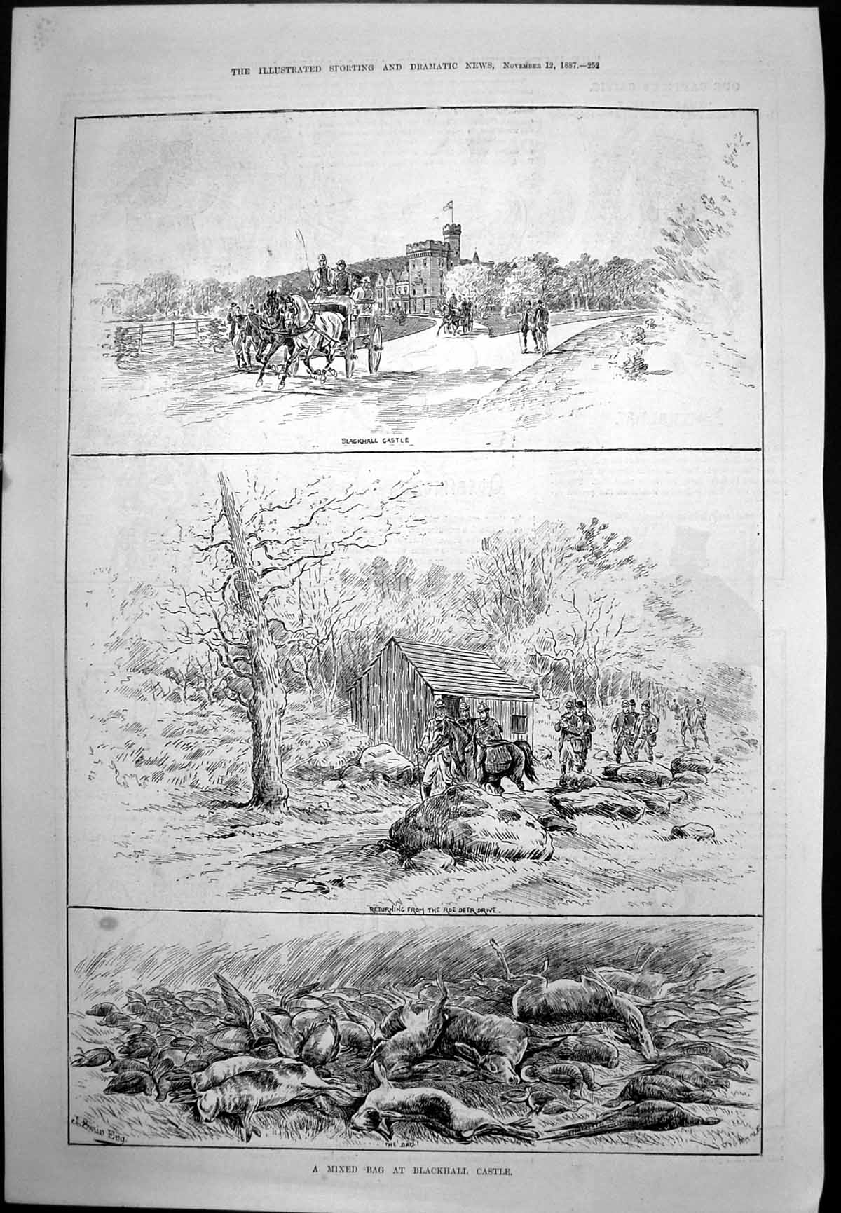 Old Print Mixed Bag Blackhall Castle Roe Deer Miss Esmeralda Theatre 1887 19th