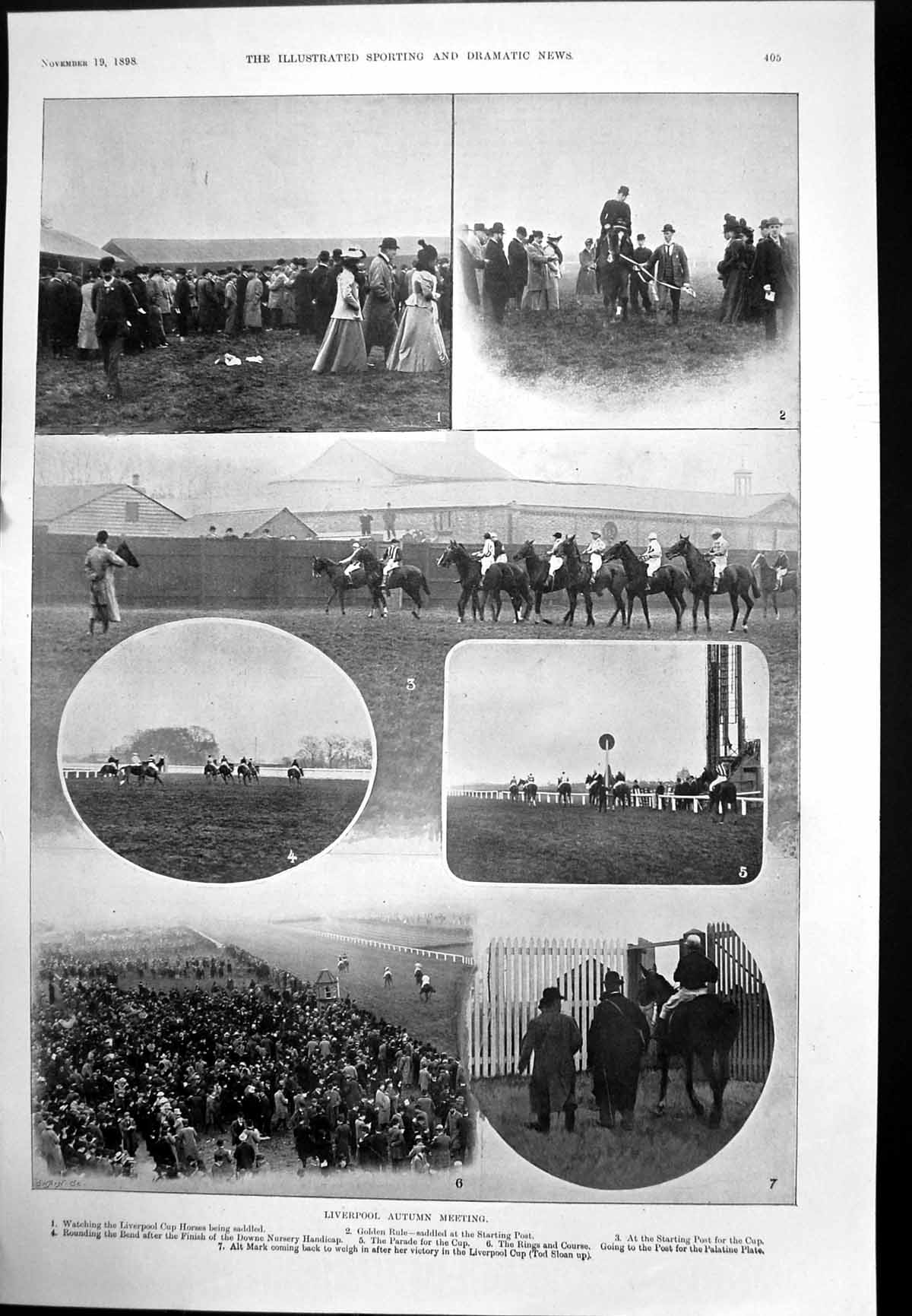 Antique Print Liverpool Autumn Meet Horse Race Musketeers Caricatures 1898 19th