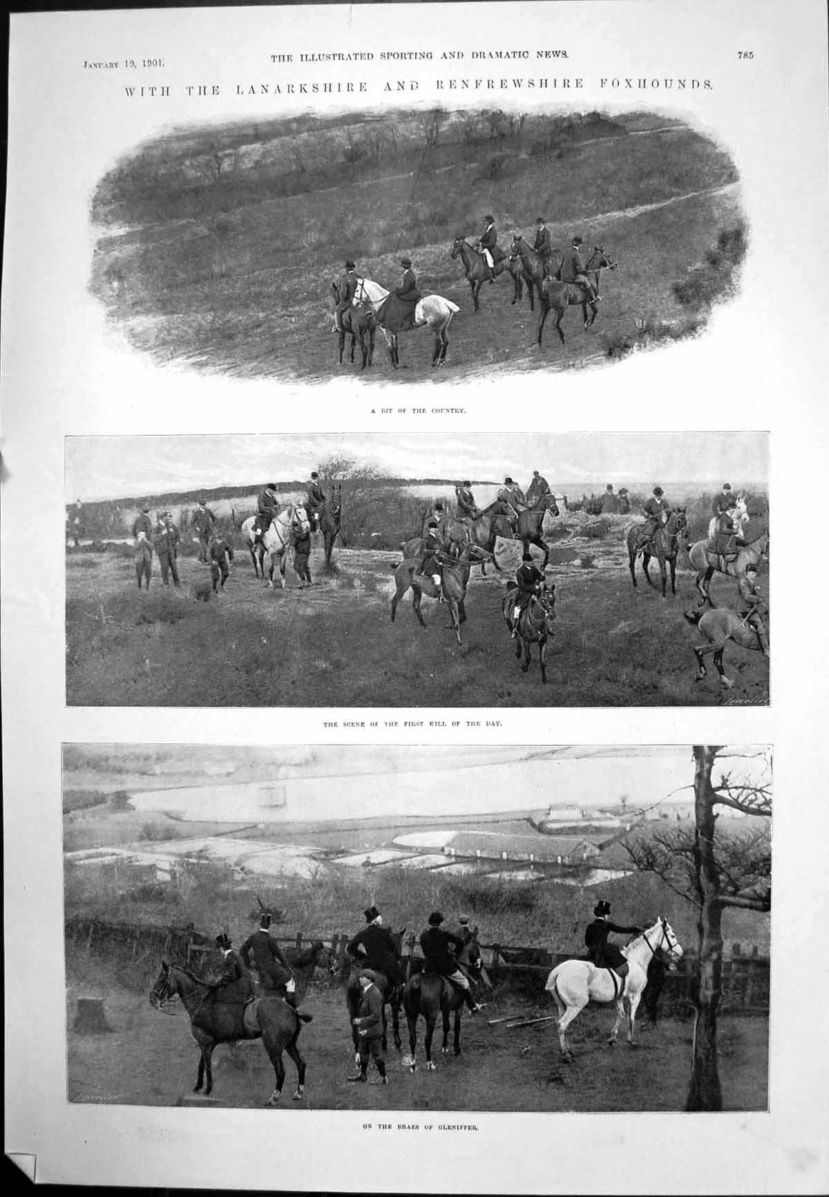 Antique Print Lanarkshire Renfrewshire Foxhounds Stage Scenry Painted 1901 20th