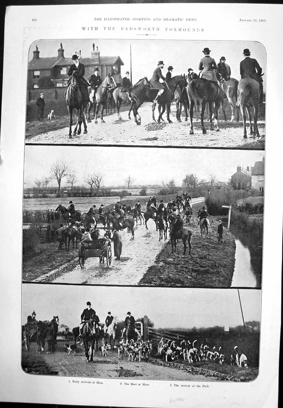 Antique Old Print With Badsworth Foxhounds Meet Pack Miss Ella Snyder 1903 20th