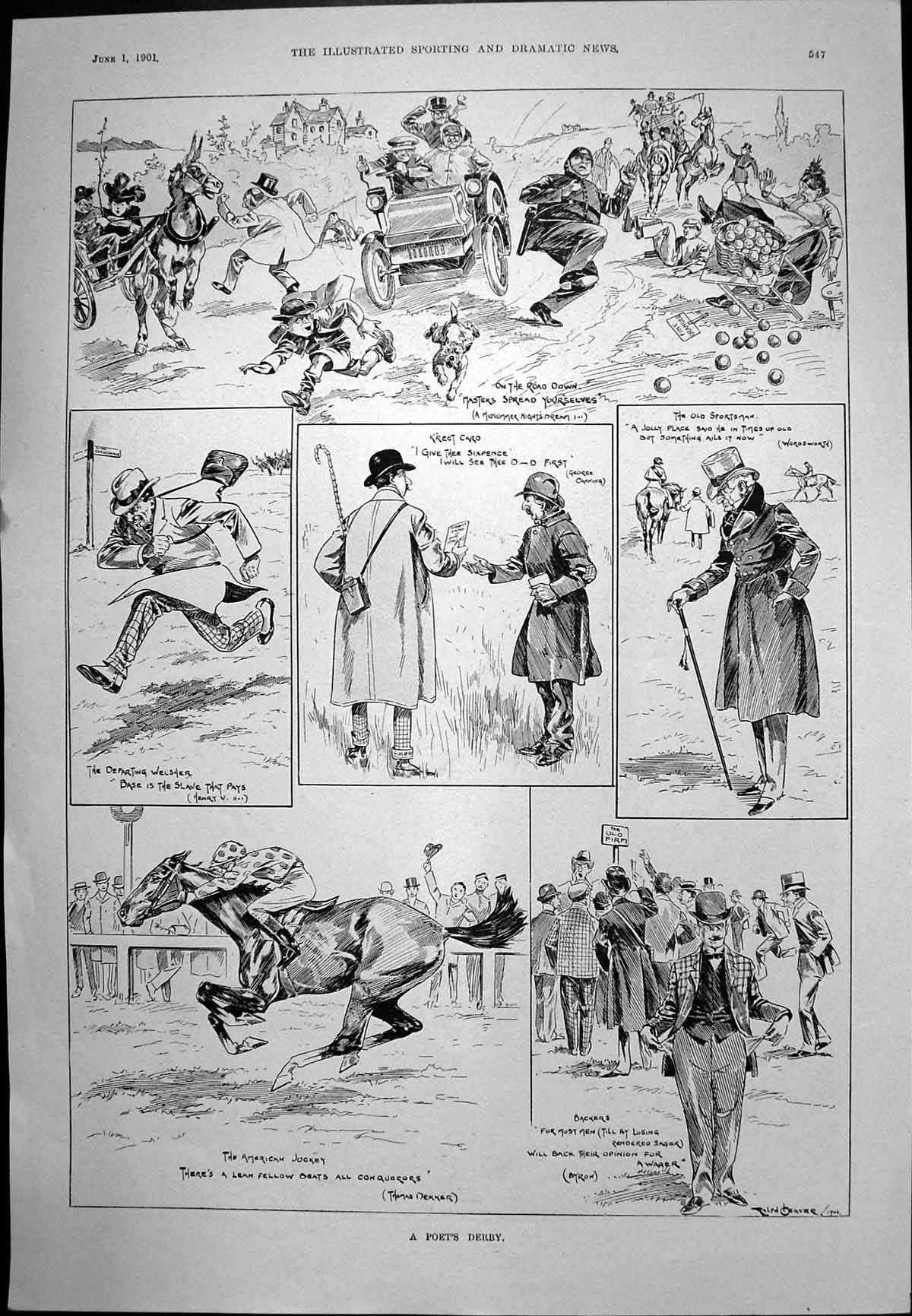 Original Old Antique Print A Poet'S Derby The Demon'S Only Derby G Temple 1901