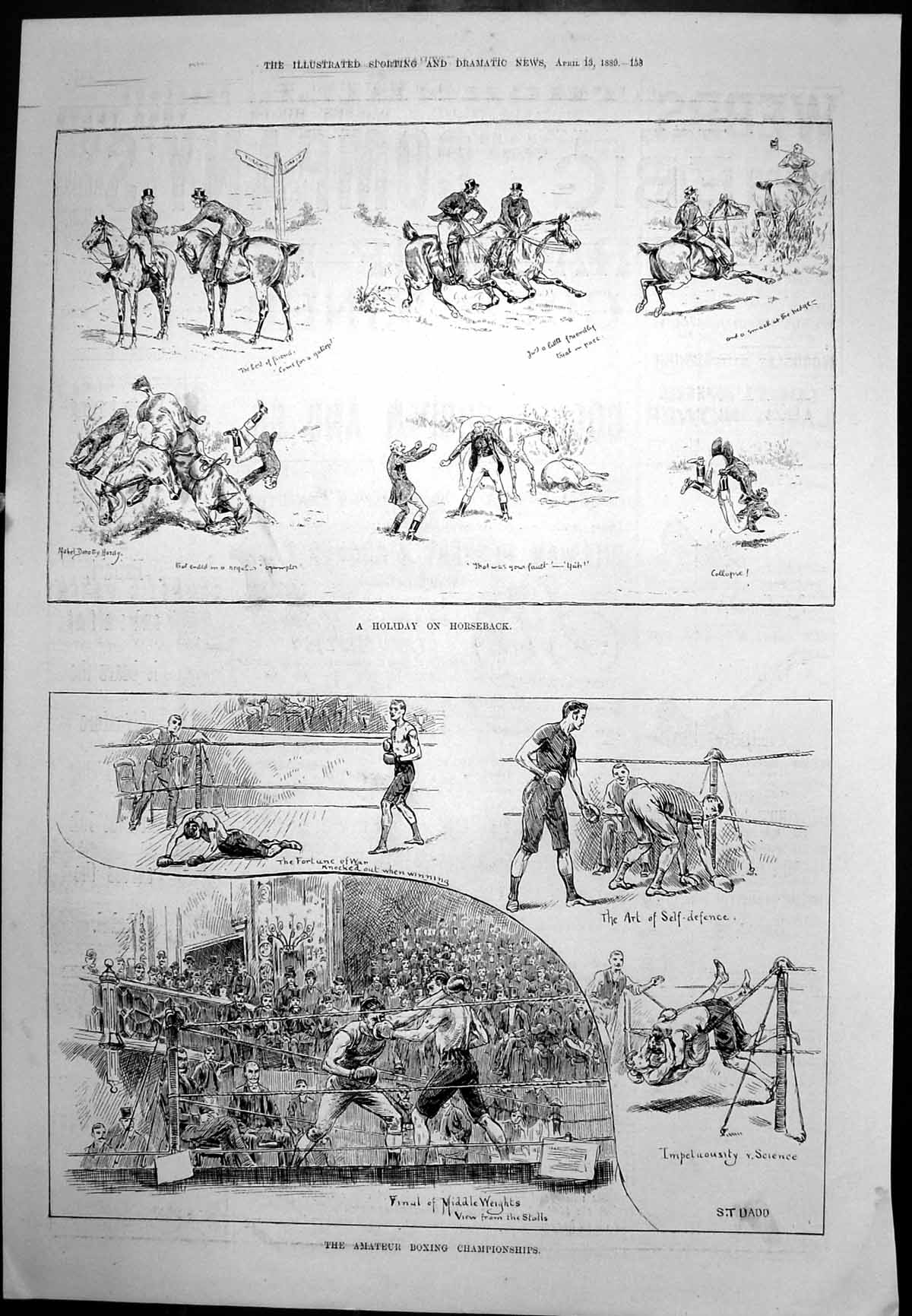 Old Print Holiday On Horseback Amateur Boxing Liebig Meat Extract Ad 1889 19th