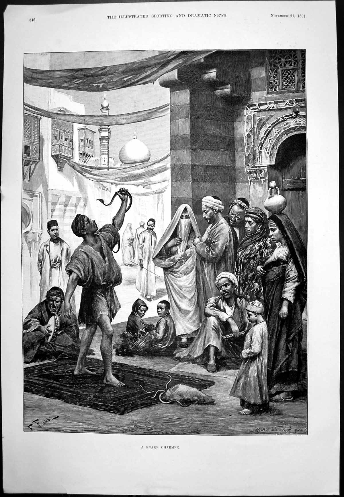 Old Print A Snake Charmer F Fabbi South Essex Coursing Meet Rainham 1891 19th