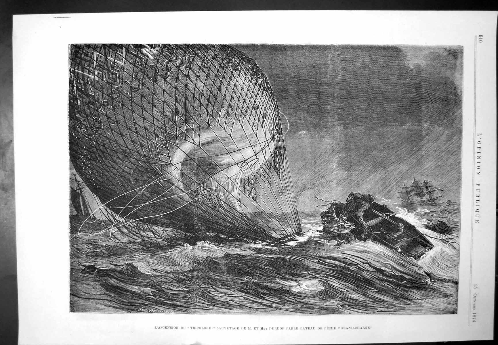 Antique Old Print Sinking Balloon Fishing Boat Sailing Ships M Guizot 1874 19th