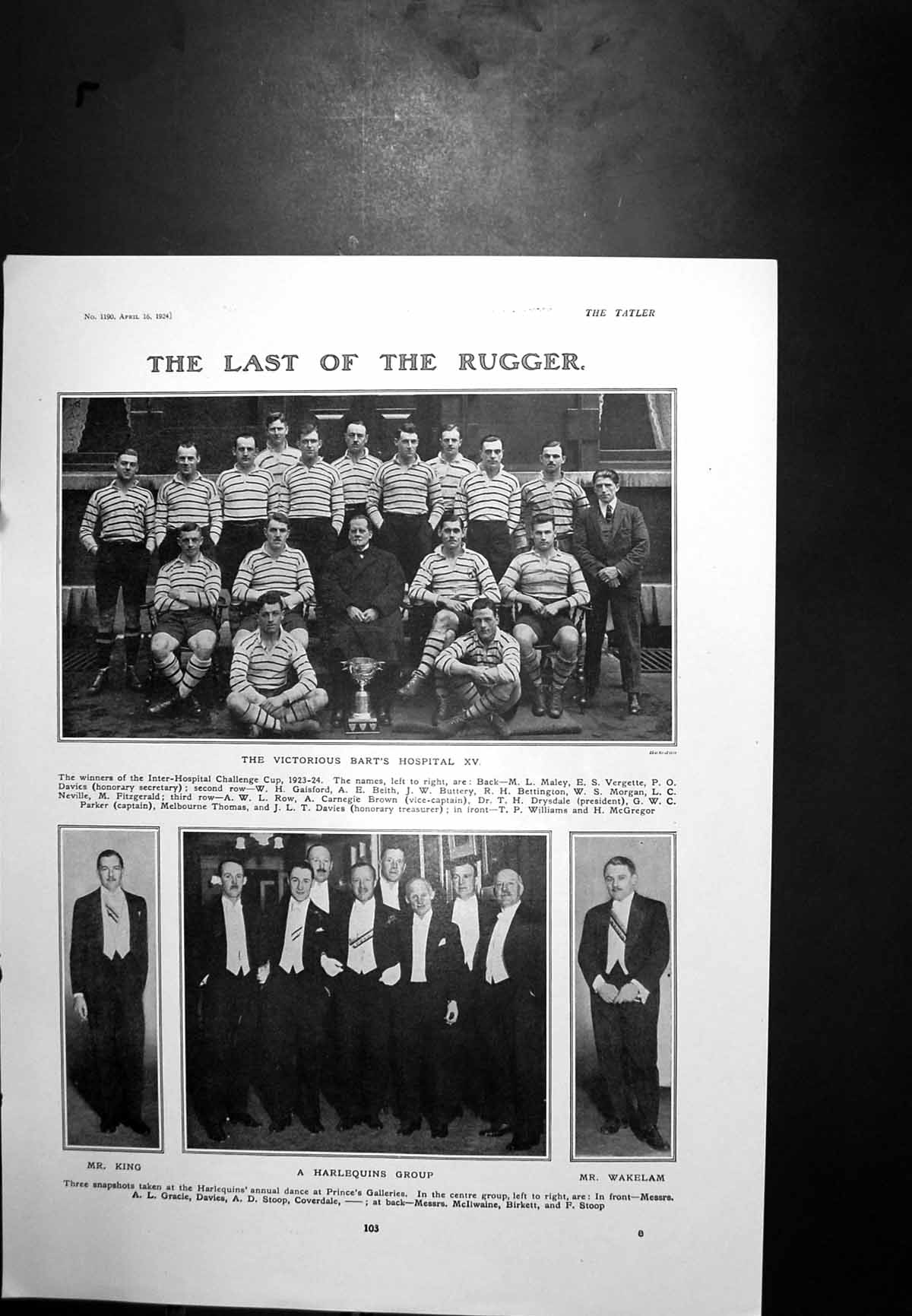 Antique Print Bart'S Hospital Xv Rugger Team Government House Rangoon 1924 20th