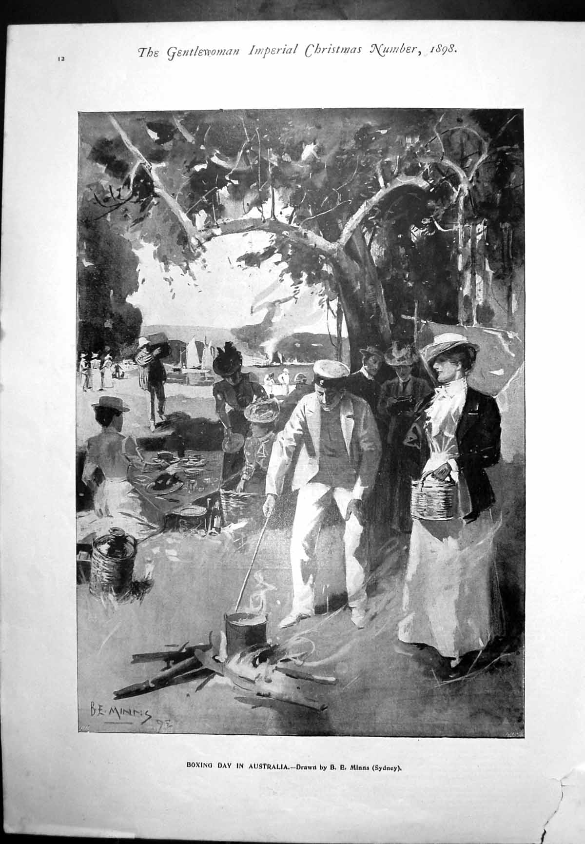 Antique Old Print Boxing Day In Australia Picnic Covered Wagon Christmas 1898
