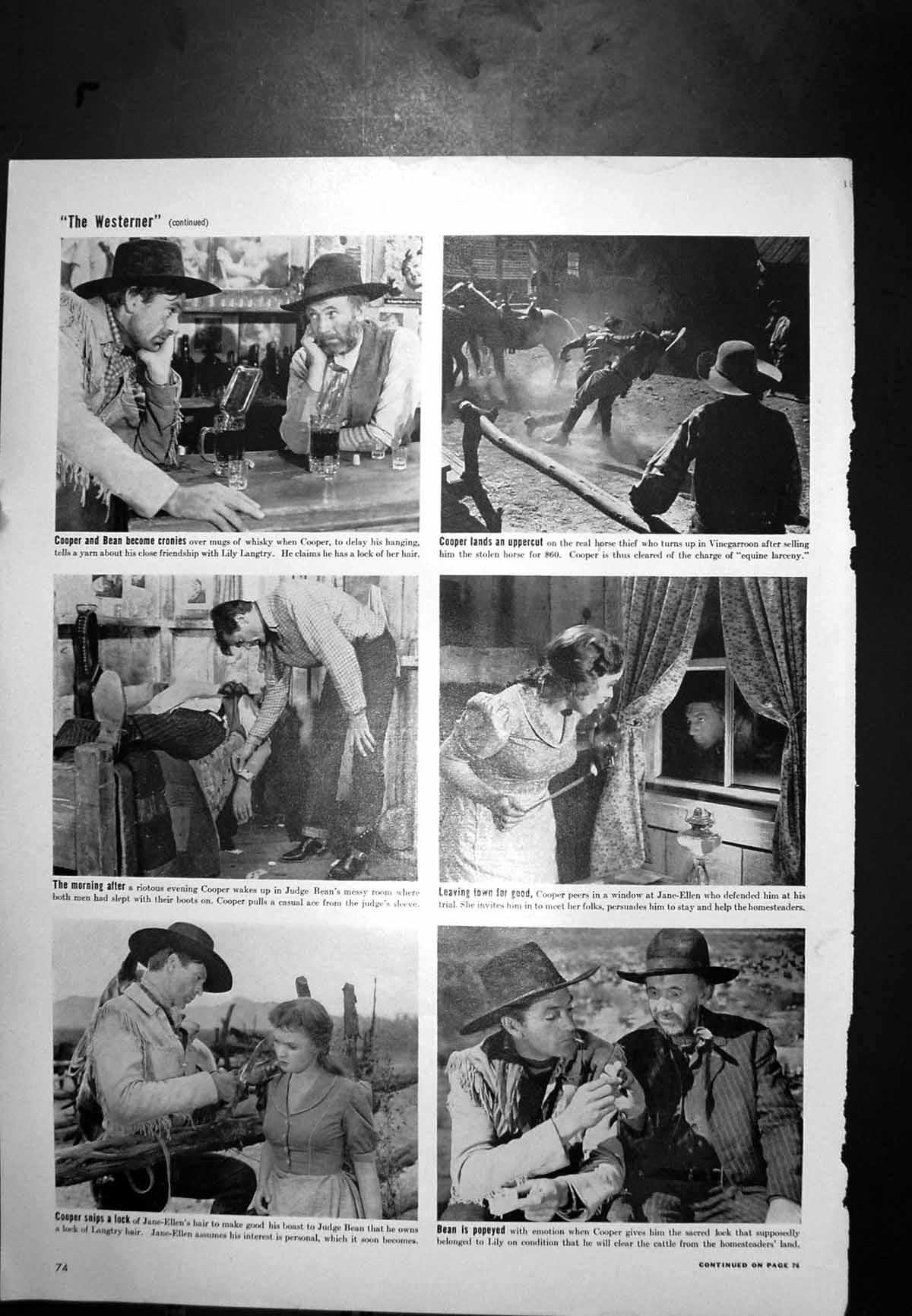 Original Old Antique Print Gary Cooper The Westerner Judge Roy Bean Jane-Ellen