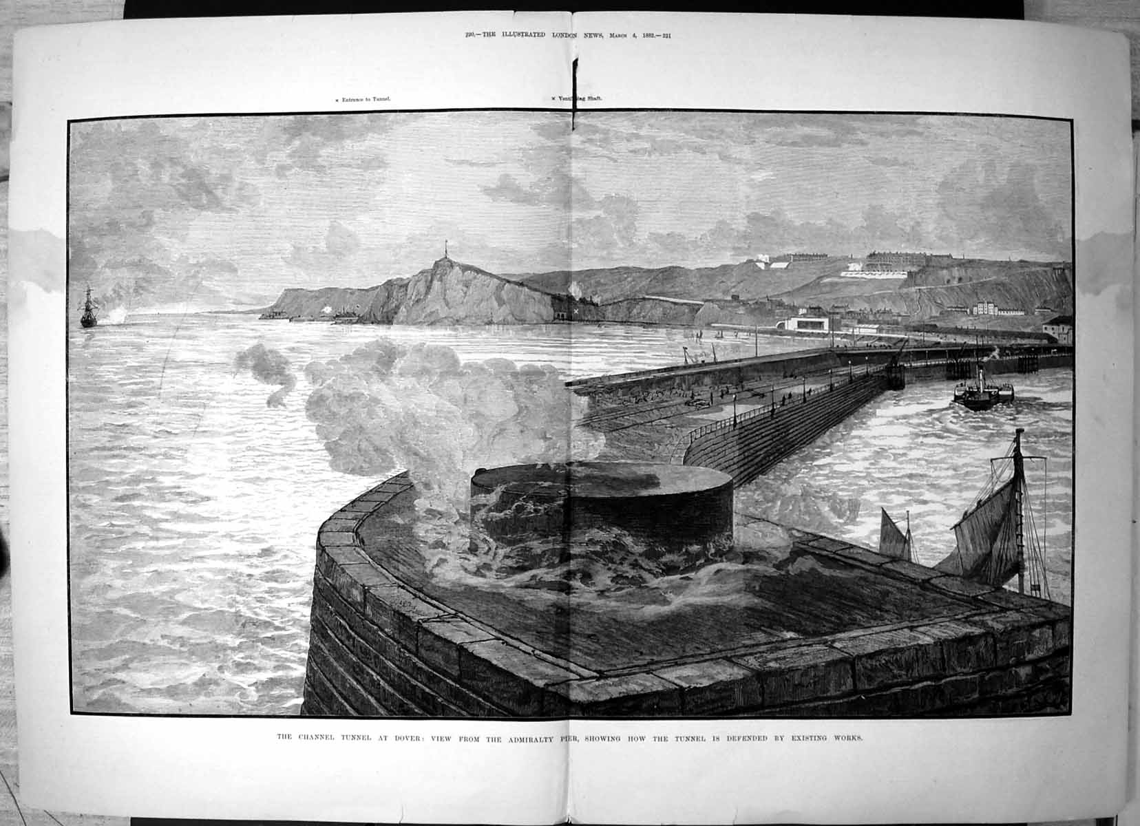 Old Antique Print Channel Tunnel Dover Admiralty Pier Defended Works 1882 19th