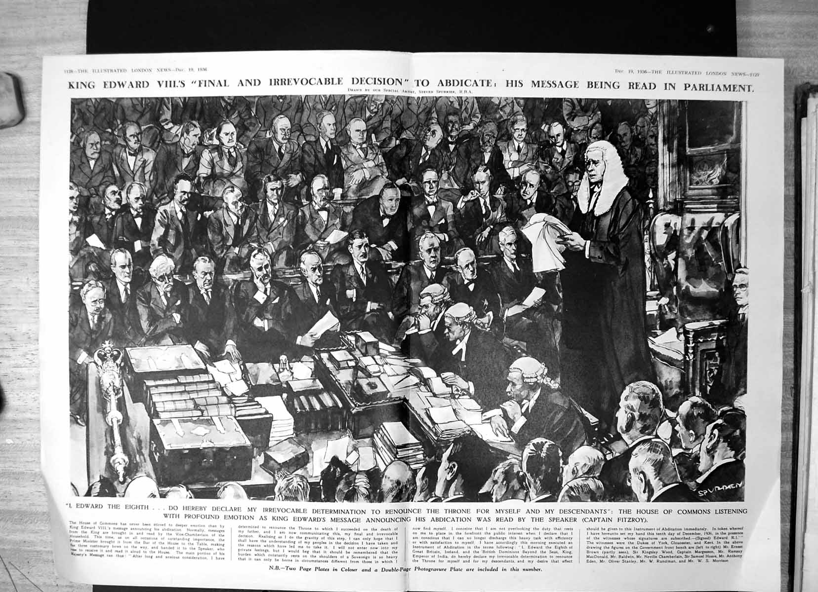 Antique Old Print King Edward V111 Decision Abdicate Message Parliament 1936