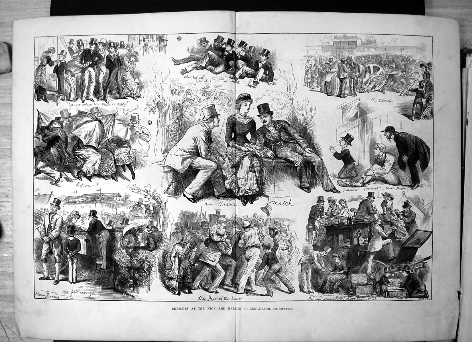 Old Antique Print Eton Harrow Cricket Match Umbrellas Drinking Hats 1880 19th