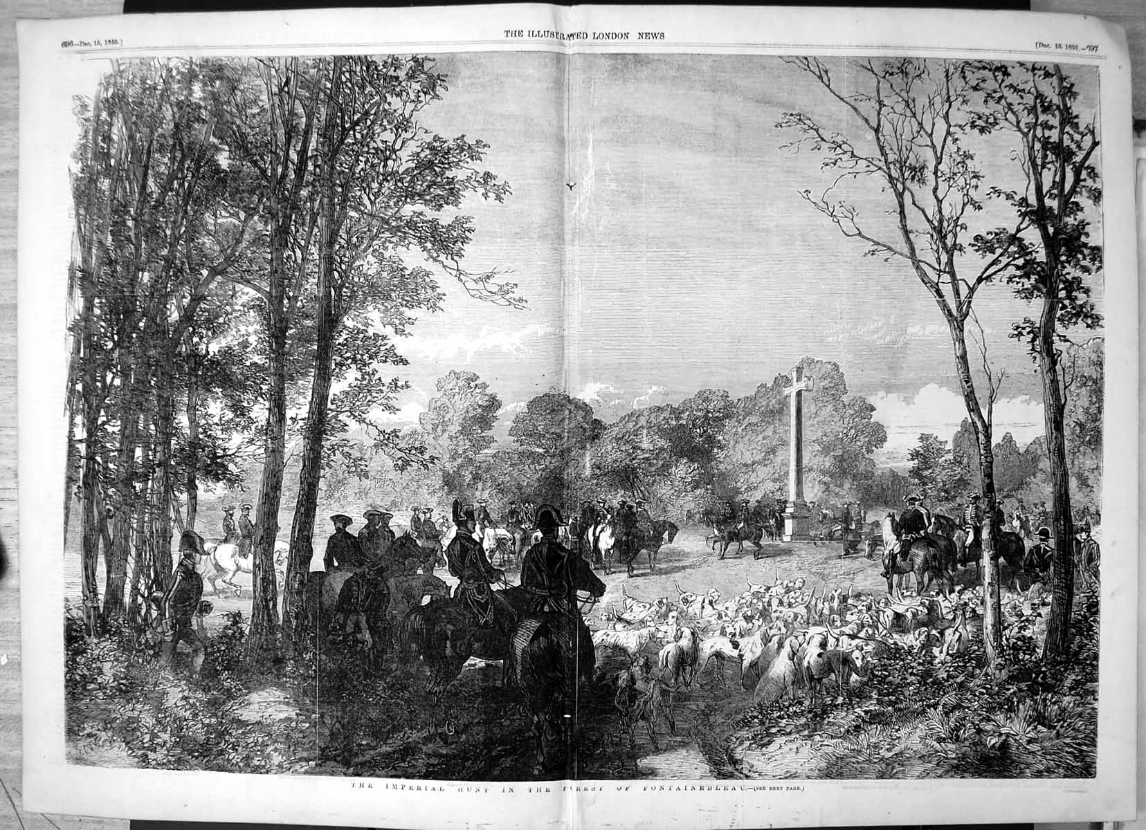 Original Old Antique Print Imperial Hunt Forest Fontaine-Bleau Emperor 1855